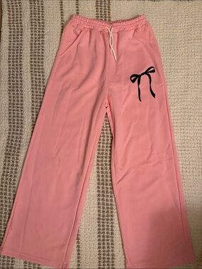 Pink Wide-Leg Sweatpants with Black Bow Detail